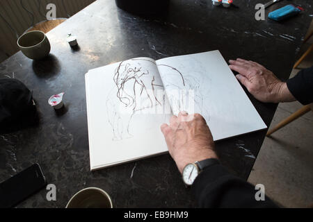 Duesseldorf, Germany. 21st Nov, 2014. Artist Harald Naegeli thumbs through his sketch books in his studio in Duesseldorf, Germany, 21 November 2014. The artist, who is famous for his graffiti in Zurich in the 1970's, will turn 75 on 04 December 2014. Photo: FEDERICO GAMBARINI/dpa/Alamy Live News Stock Photo