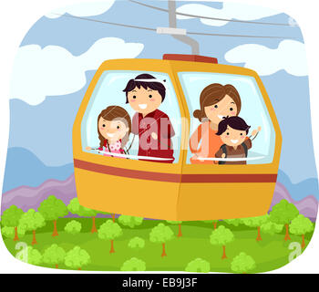 Illustration Featuring a Family in a Cable Car Checking Out the Forest Below Stock Photo
