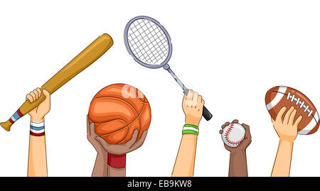 Cropped Illustration Featuring Hands Holding Different Sports Equipment Stock Photo
