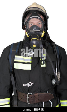 Portrait of a firefighter in breathing apparatus on a white background Stock Photo