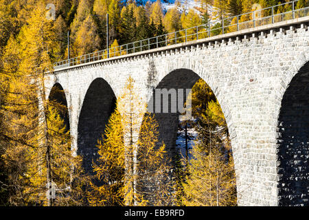 Railway bridge, Albula Pass road, autumn, Albula Valley, Canton of Graubünden, Switzerland Stock Photo