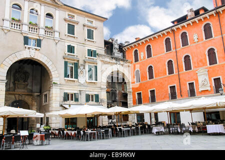 Tables outdoor restaurant on the Piazza della Signoria in Verona, Italy Stock Photo