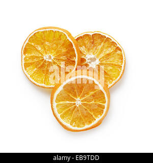 three dried orange slices from above, on white background Stock Photo
