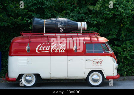 Volkswagen Type 2, VW Bus T1, Bulli, built in 1950, with advertisements for Coca-Cola, Landshut, Lower Bavaria, Bavaria, Germany Stock Photo