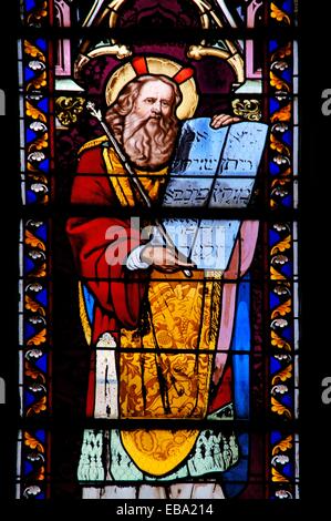 19th century stained-glass window depicting Moses with the Tablets of the Law, at Notre Dame church, Sainte-Foy-la-Grande,