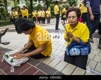 Bangkok, Bangkok, Thailand. 28th Nov, 2014. Women on the plaza in front of Siriraj Hospital pray for Bhumibol Adulyadej, the King of Thailand. The King was born on December 5, 1927, in Cambridge, Massachusetts. The family was in the United States because his father, Prince Mahidol, was studying Public Health at Harvard University. He has reigned since 1946 and is the world's currently reigning longest serving monarch and the longest serving monarch in Thai history. Bhumibol, who is in poor health, is revered by the Thai people. His birthday is a national holiday and is also celebrated as Fa Stock Photo