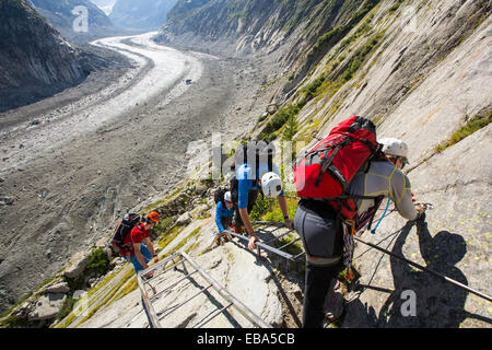 Climbers descend ladders leading down onto the Mer De Glace from near the Montenvers railway station. The railway was built in Victorian times to take tourists up to the glacier, it has subsequently thinned 150 meters since 1820, and retreated by 2300 Metres. In order to access the glacier you now have to climb down over 100 metres on ladders. Stock Photo