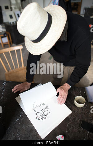 Duesseldorf, Germany. 21st Nov, 2014. Artist Harald Naegli looks through one of his sketchbooks at his atellier in Duesseldorf, Germany, 21 November 2014. The artist, who became known as the 'Sprayer of Zurich' in the 1970s will celebrate his 75th bithday on 04 December 2014. Photo: Federico Gambarini/dpa/Alamy Live News Stock Photo
