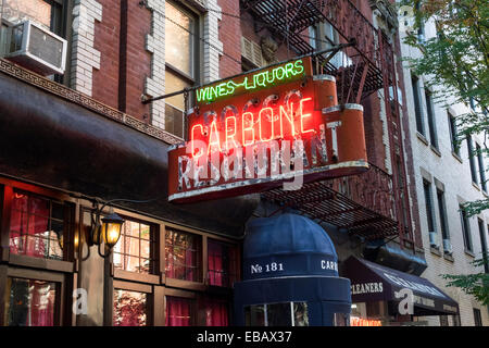 Carbone, a high end  Italian restaurant on Thompson Street in Greenwich Village in NYC with old neon sign Stock Photo