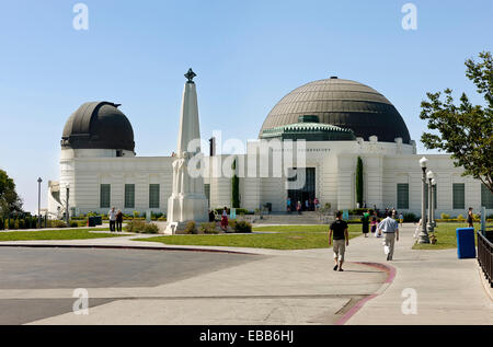 Los Angeles, California, USA - July 29, 2012: A view of the Griffith Observatory entrance with the Astronomers Monument Obelisk Stock Photo