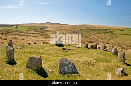 Nine stones cairn circle on Belstone Common, Dartmoor, looking southwest Stock Photo