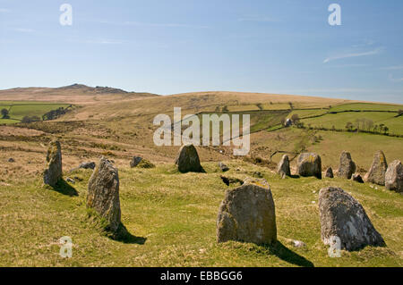 Nine stones cairn circle on Belstone Common, Dartmoor, looking westsouthwest Stock Photo