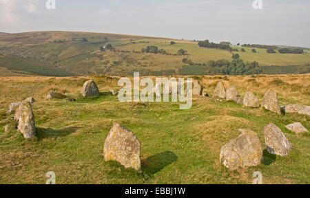 Nine stones cairn circle on Belstone Common, Dartmoor, looking west Stock Photo