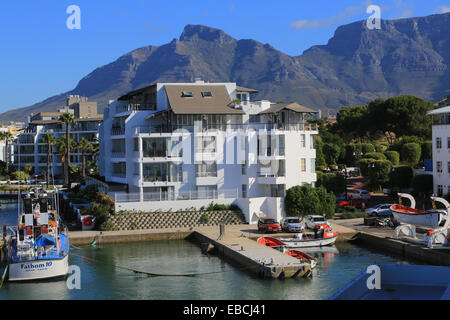 View of marina and west side of Table Mountain from Radisson Blu Hotel, Cape Town, South Africa. Stock Photo