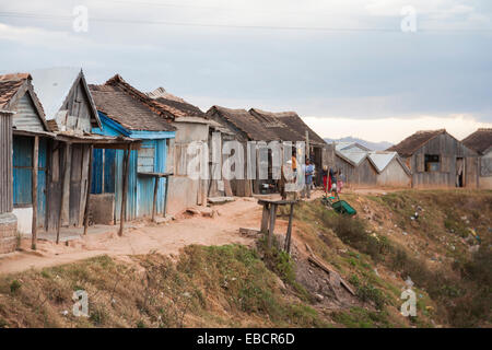 Tumbledown wooden shacks in a shanty town on the outskirts of Antananarivo, or Tana, capital city of Madagascar Stock Photo