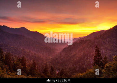 A classic Smoky Mountain sunset seen from the Morton Overlook. Stock Photo