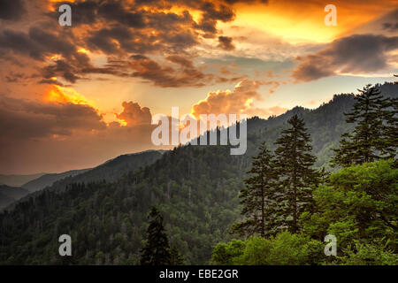 A dramatic end to the day at the Morton Overlook in The Great Smoky Mountains National Park. Stock Photo