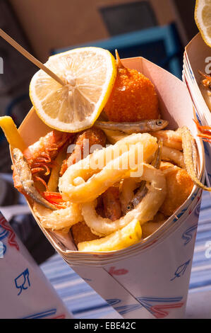 Deep Fried Seafood and Chips, Riomaggiore, Cinque Terre, La Spezia District, Italian Riviera, Liguria, Italy Stock Photo