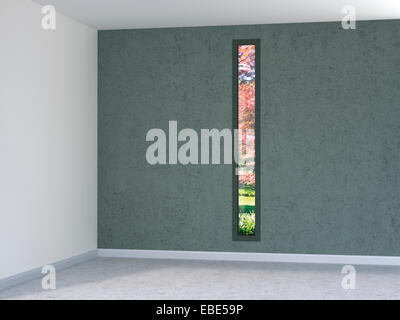 Digital Illustration of Empty Room with Tall, Narrow Window with view into Garden Stock Photo