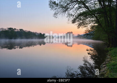 River Main in the Dawn, Spring, Dorfprozelten, Spessart, Franconia, Bavaria, Germany Stock Photo
