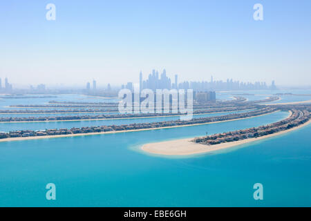 Aerial View of Palm Jumeirah with Skyscrapers in background, Dubai, United Arab Emirates Stock Photo