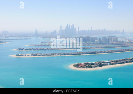 Aerial View of Palm Jumeirah with Skyscrapers in background, Dubai, United Arab Emirates Stock Photo