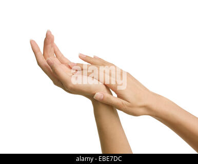 Beauty shot of woman's hands with french manicure, studio shot on white background