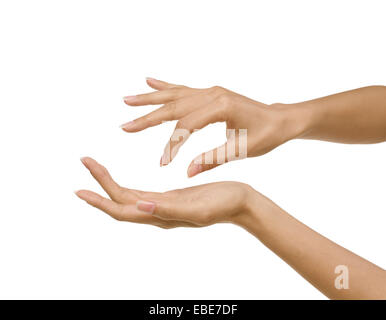 Beauty shot of woman's hands with french manicure, studio shot on white background