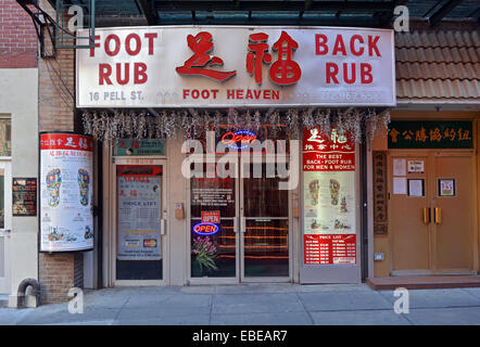 FOOT HEAVEN, a storefront on Pell Street in Chinatown, New York City. They offer foot refelxology, accupressure and massage. Stock Photo