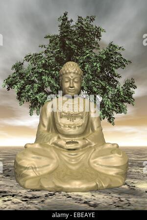 Golden buddha statue meditating in front of a tree by cloudy sunset Stock Photo