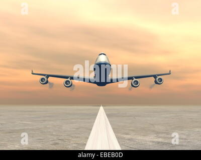 Frontview of a airplane landing on the ground by sunset Stock Photo