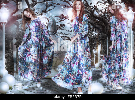 Inspiration. Fantasy. Women in Flowery Dresses among Trees Stock Photo
