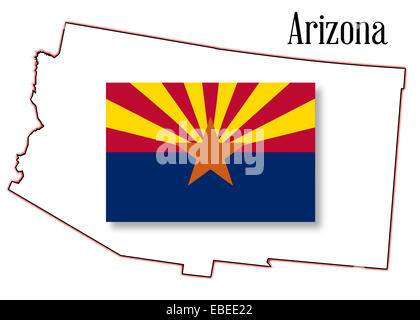 Outline map of the state of Arizona on a white background with flag inset Stock Photo