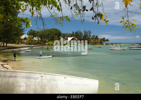 Mauritius, Cap Malheureux, boats moored in sheltered bay Stock Photo
