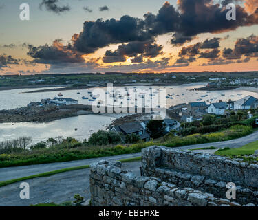 Hugh town harbour viewed from the Garrison. Hugh Town. St Mary's. Isles of Scilly. Cornwall. UK Stock Photo