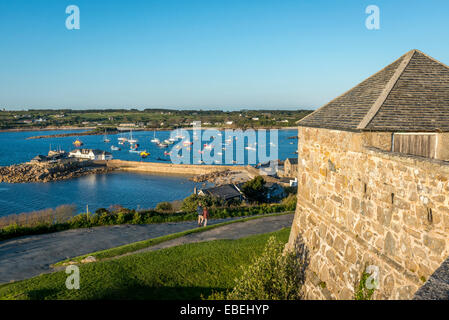 Hugh Town harbour viewed from the Garrison. St Mary's, Scilly Isles Cornwall. UK Stock Photo