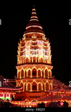 Kek Lok Si Air Itam in Penang. Night shot of a Buddhist temple decorated and illuminated for Chinese New Year. Stock Photo