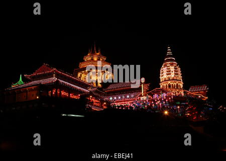 Kek Lok Si Penang. Night shot of a Buddhist temple decorated and illuminated for Chinese New Year. Air Itam Penang Stock Photo