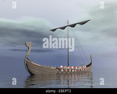 One viking drakkar with salis furled by grey cloudy day- 3D render Stock Photo