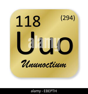 Black ununoctium element into golden square shape isolated in white background Stock Photo