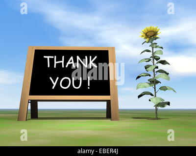 Blackboard saying thank you upon grass with sunflower by beautiful day - 3D render Stock Photo