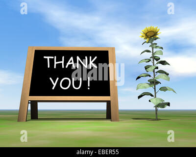 Blackboard saying thank you upon grass with sunflower by beautiful day - 3D render Stock Photo