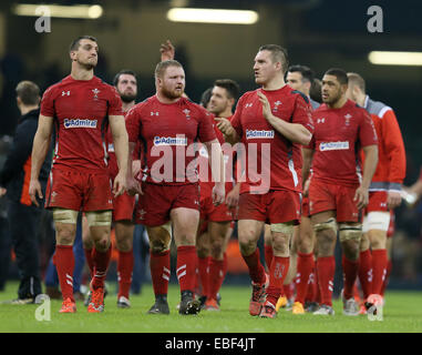 Cardiff, UK. 29th Nov, 2014. Sam Warburton, Samson Lee and Gethin Jenkins of Wales celebrate the win - Autumn Internationals - Wales vs South Africa - Millennium Stadium - Cardiff - Wales - 29th November 2014 - Picture Simon Bellis/Sportimage. Credit:  csm/Alamy Live News Stock Photo