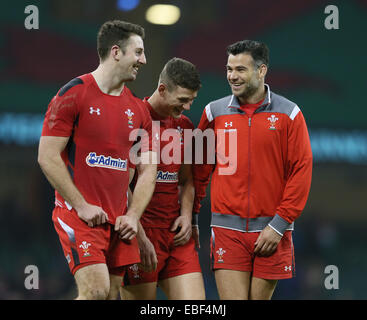 Cardiff, UK. 29th Nov, 2014. Alex Cuthbert Scott Williams and Mike Phillips of Wales enjoy the win - Autumn Internationals - Wales vs South Africa - Millennium Stadium - Cardiff - Wales - 29th November 2014 - Picture Simon Bellis/Sportimage. Credit:  csm/Alamy Live News Stock Photo