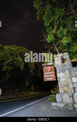 The El Portal entrance to Yosemite National Park as sign on a clear, starry night. Stock Photo