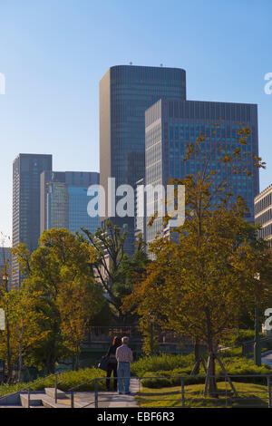 Skyscrapers and park on Nakanoshima island, Kita, Osaka, Kansai, Japan Stock Photo