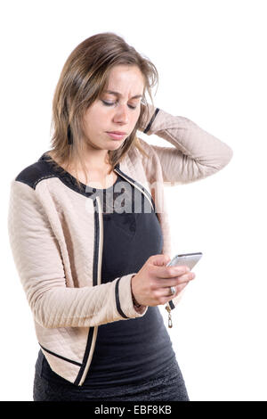 young woman with a problem on the phone on white Stock Photo
