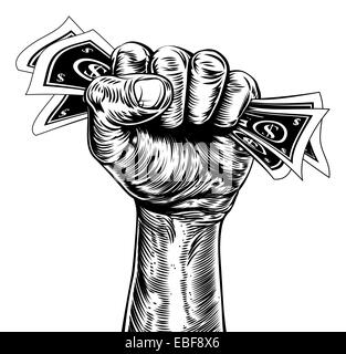 An original illustration of a fist holding money in a vintage wood cut propaganda style Stock Photo