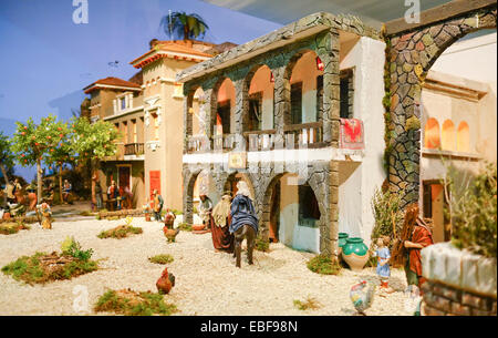 Nativity Scene of a Belen, bethlehem, Christmas Spain. street with figures. spanish tradition. Catholic. Stock Photo