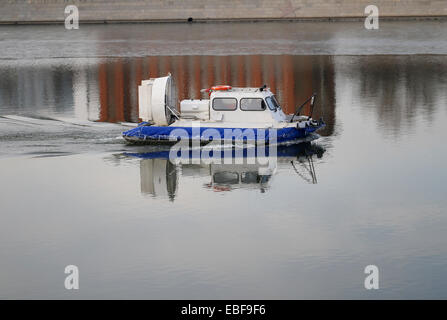 Boat hovercraft air engine floats on the river Moskva Stock Photo